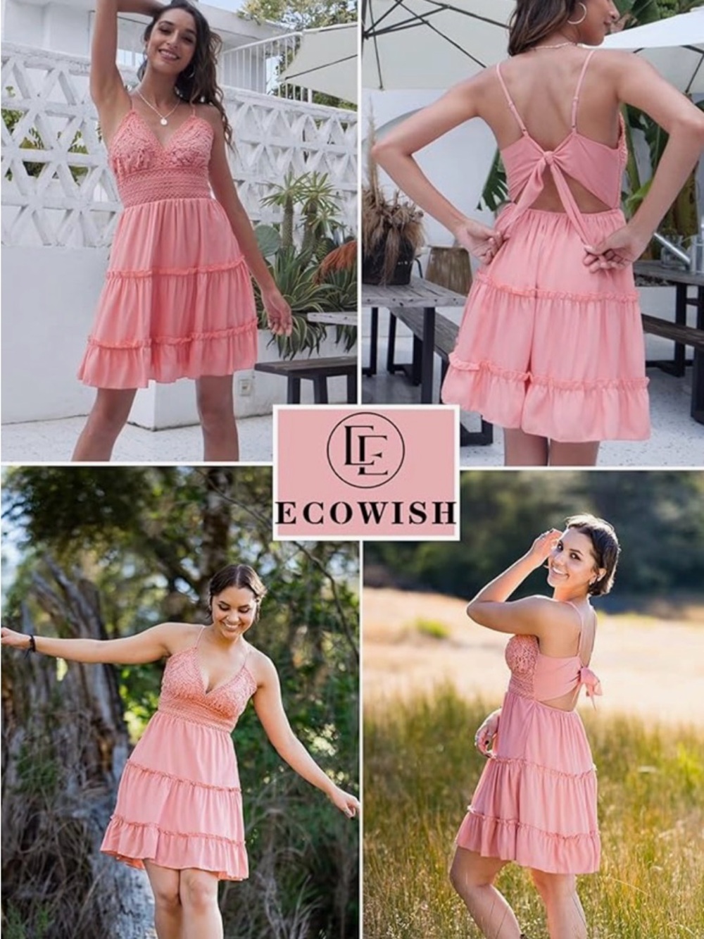 Peach Tiered Mini Dress Sleeveless V Neck Women Size M Summer Wedding Guest - Picture 3 of 3